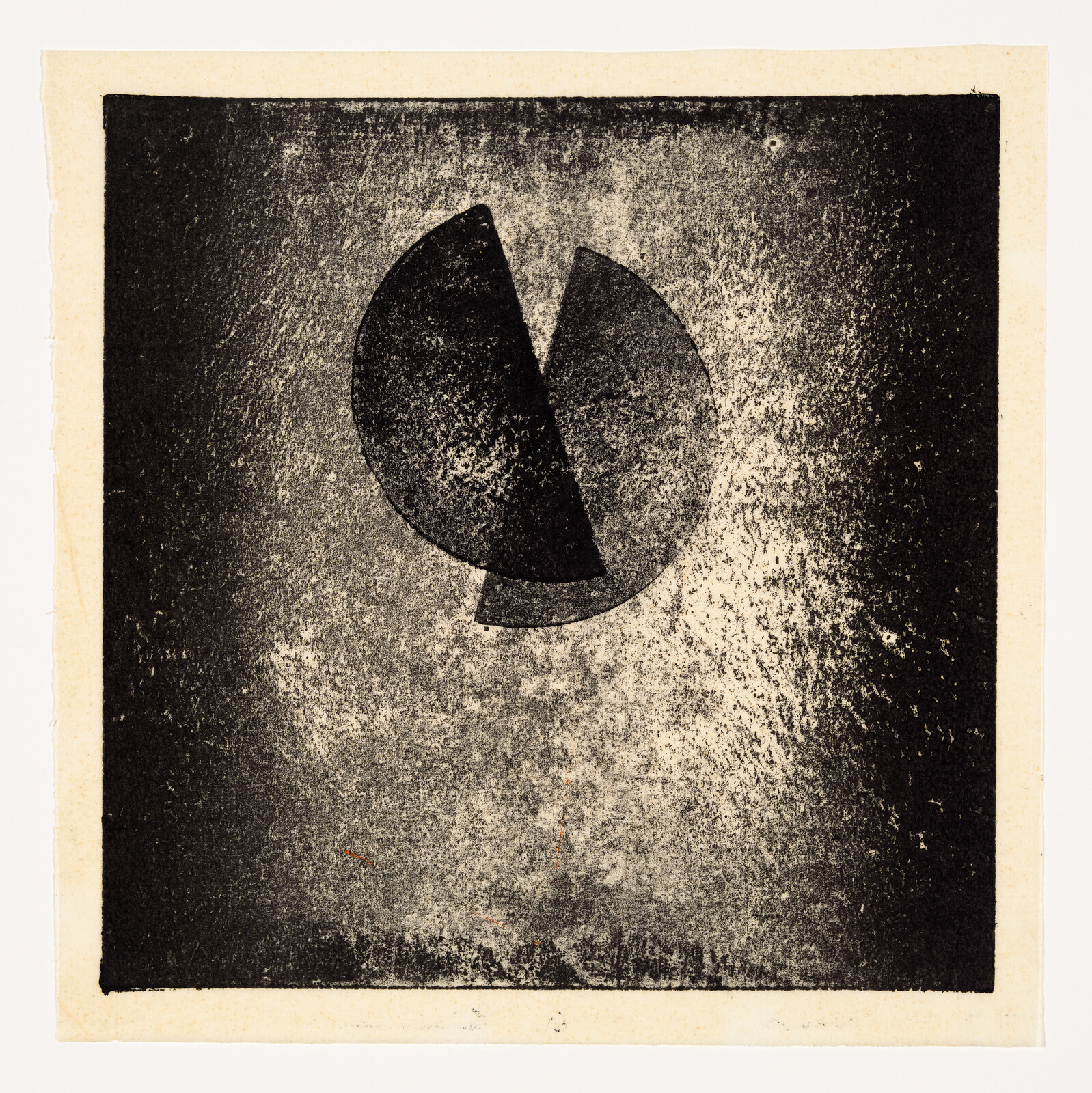 Abstract print showing a textured black square with a circular shape split by a wedge.