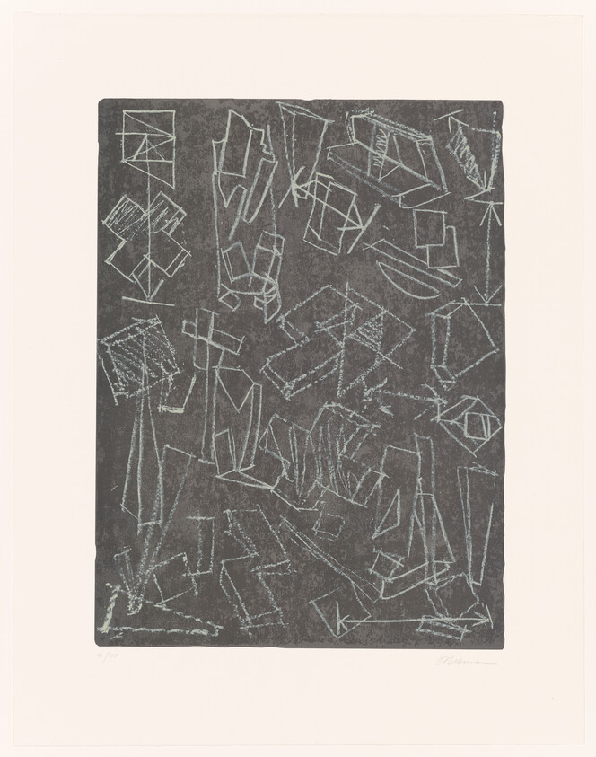 White chalk-like geometric sketches scattered across a dark rectangular background resembling rough blueprint shapes.