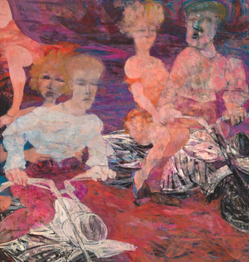 Two people riding motorcycles with a passenger seated behind, painted in soft pink and purple tones.