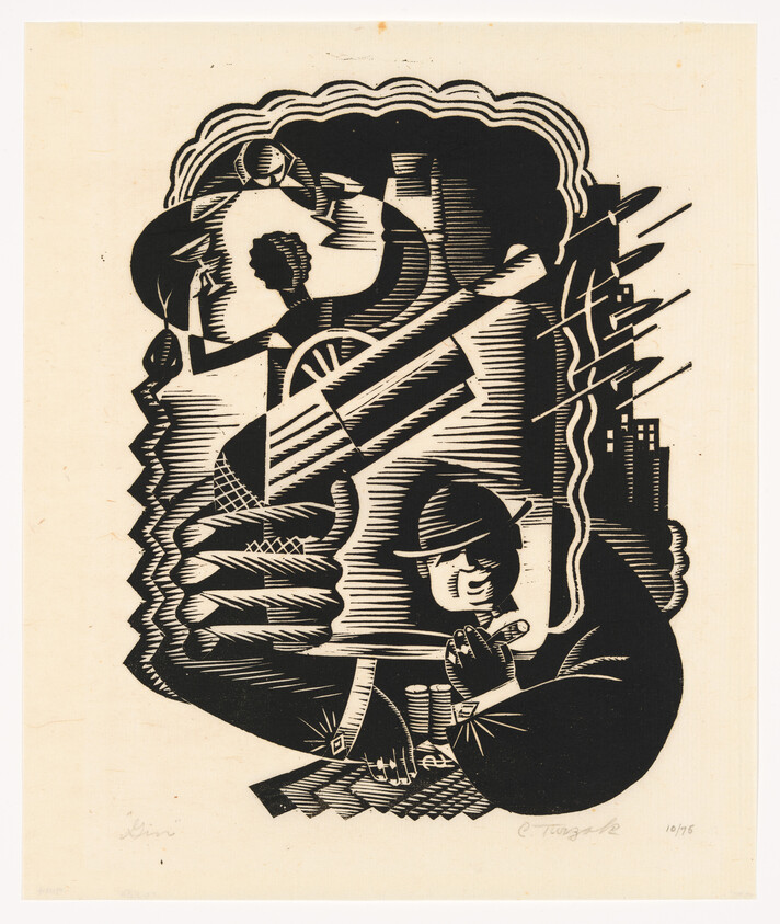 Man in a hat smoking while abstract industrial shapes and rockets loom behind him.