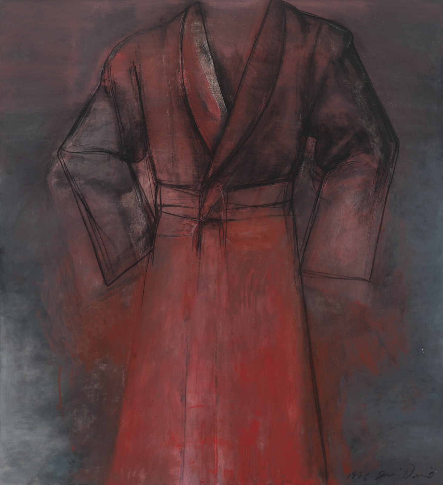 A red robe with broad sleeves and tied waist depicted against a dark background.