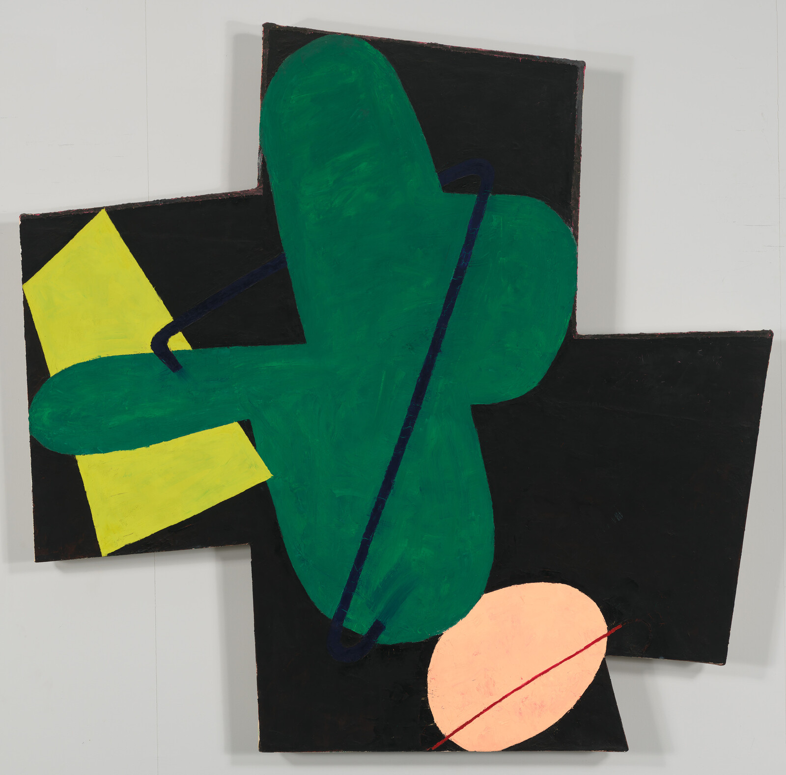 Large green organic shape overlaps black cross background with yellow rectangle and pink circle.