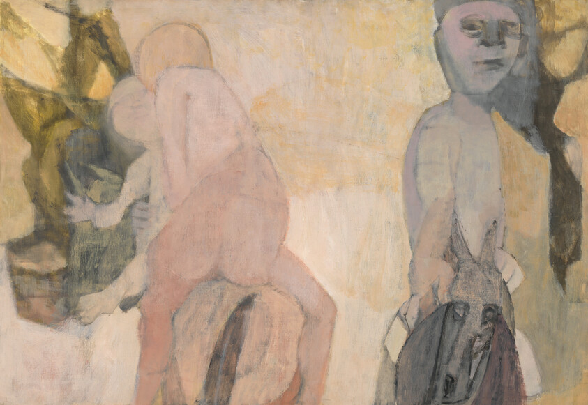 Two pale figures in muted colors, one bending forward and one holding a horse's head.
