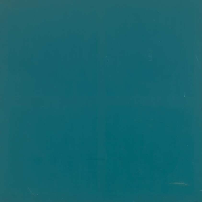 A solid teal square panel with faint scuff marks and subtle color variations.