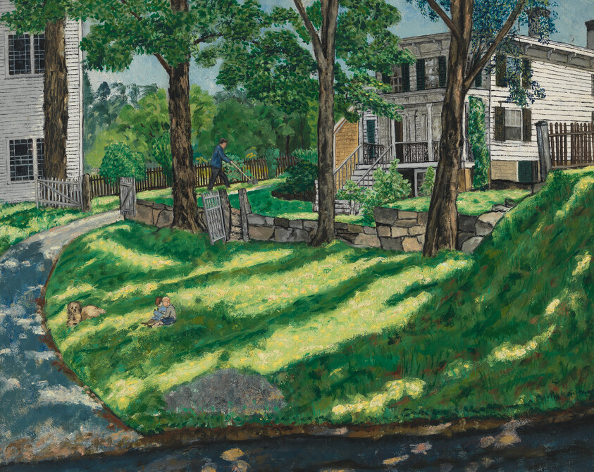 Two children sit on a sunlit grassy bank by a stream while a dog rests nearby.