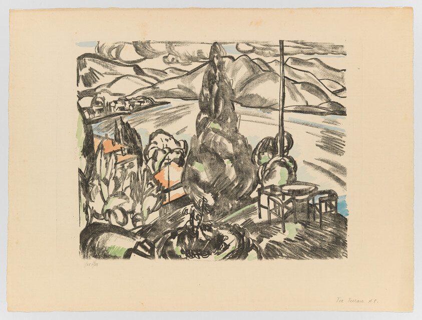 Tall cypress tree beside a lakeside terrace with a fountain, tables, and distant mountains.