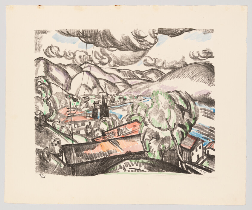 Colorful sketch of a hillside village with red roofs, winding river, and dramatic cloudy sky.