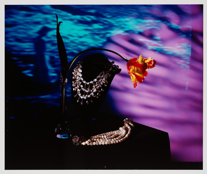 A vibrant tulip leans out of a sleek vase, its petals a fiery blend of yellow and red. The vase sits next to a sparkling chandelier-style earring and an elegant pearl necklace, all displayed against a backdrop with a dynamic blue and purple light pattern.