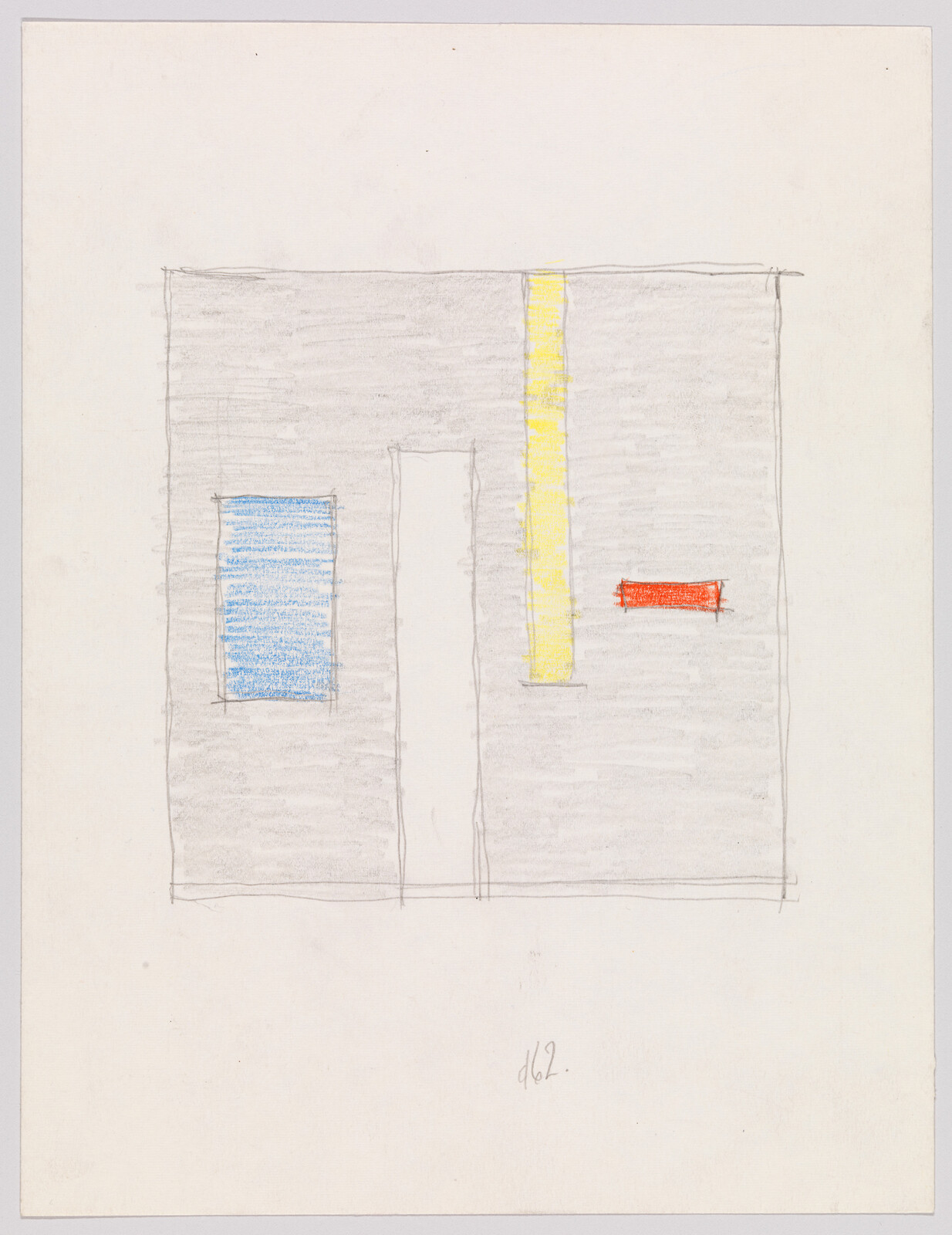 Simple pencil sketch of a gray square with a blue block, yellow stripe, and red rectangle.