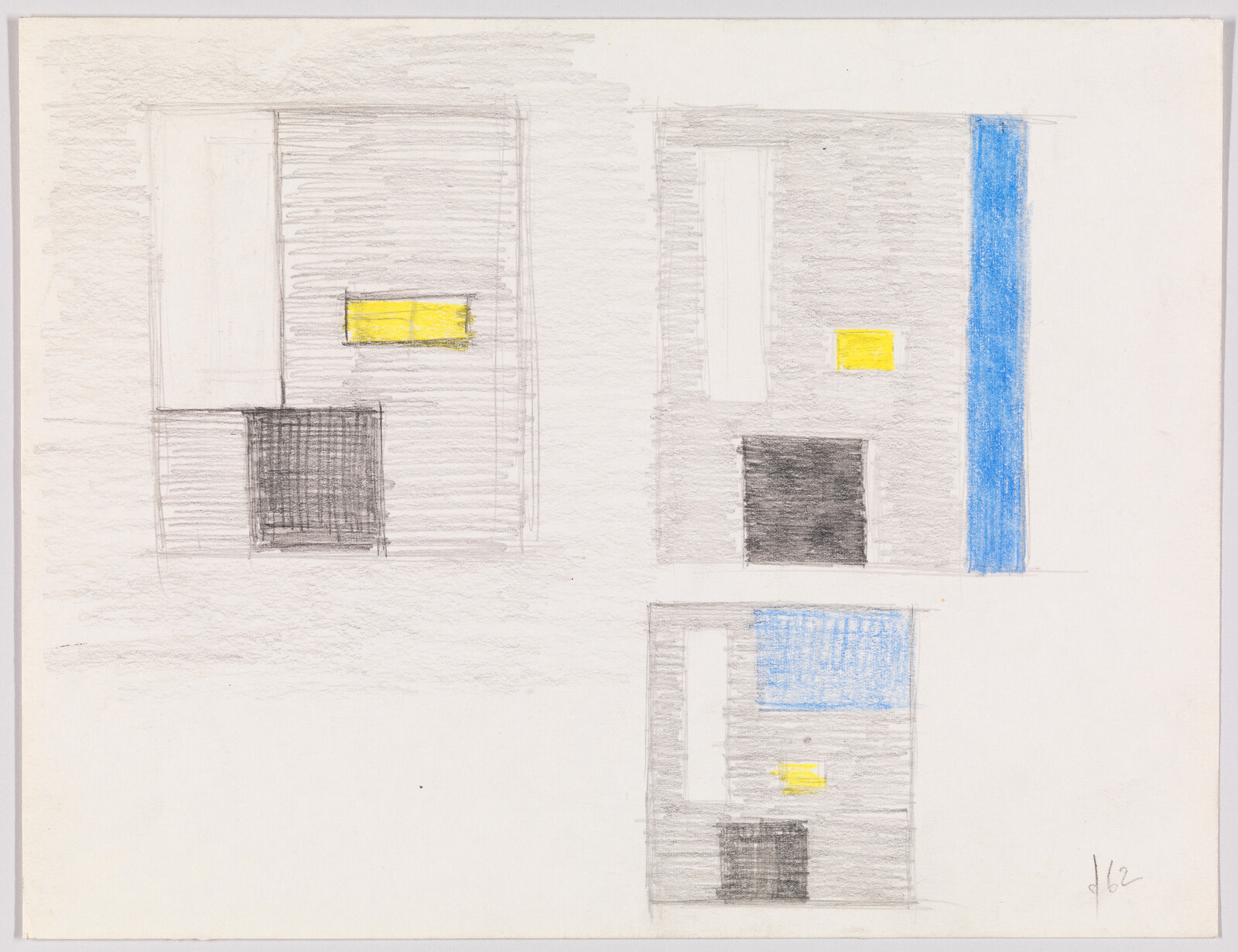 Three pencil sketches show rectangular compositional studies with yellow, black, and blue color blocks.