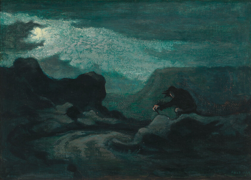 A lone figure kneels on rocky ground under a cloudy moonlit sky, reaching toward the earth.