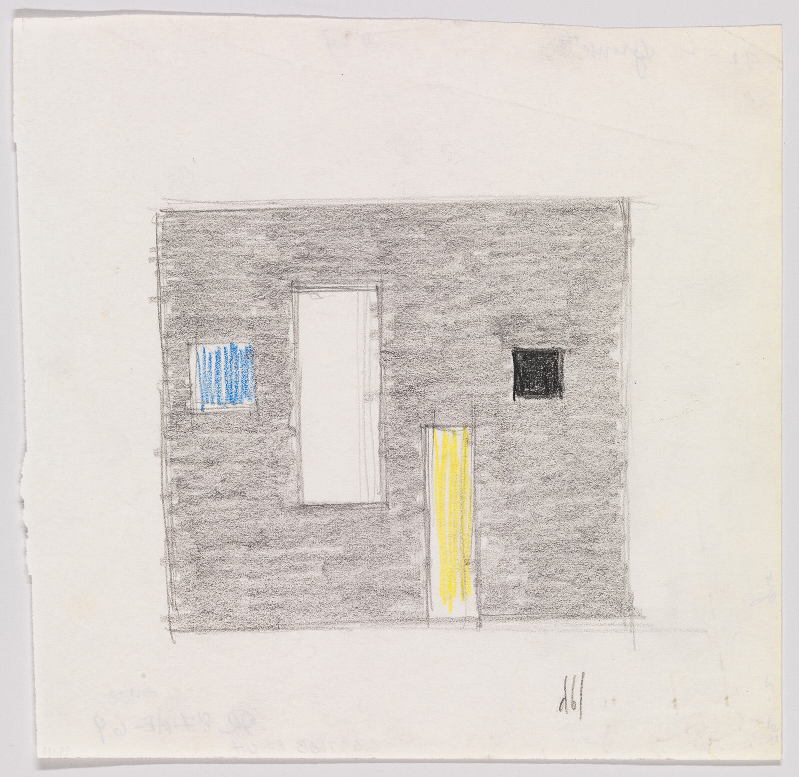 Simple gray wall sketch with three small colored windows and a tall white doorway.
