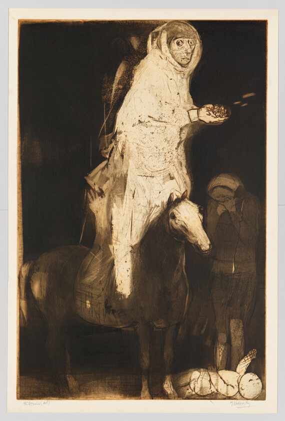 A hooded rider on a horse holds out food while a child weeps beside a fallen doll.