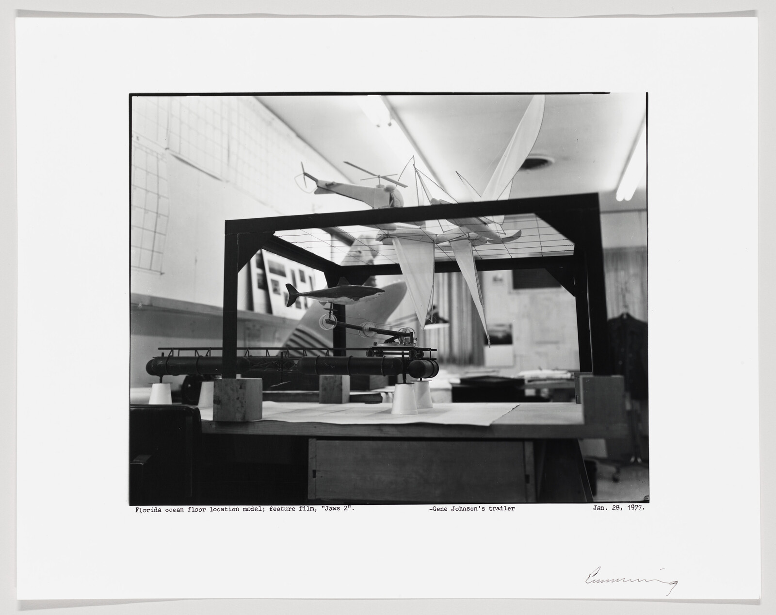 Scale model of a Florida ocean floor with a suspended shark model for the film Jaws 2.