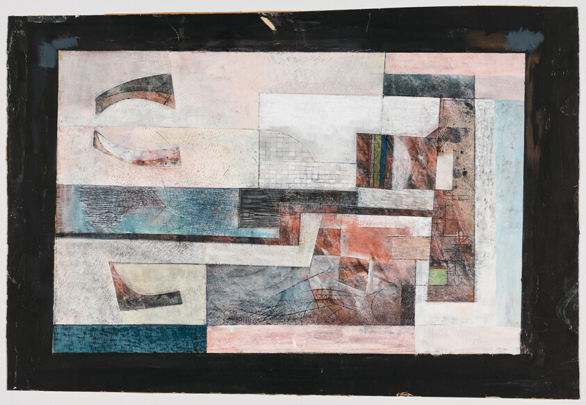 Abstract geometric painting with layered rectangles, curved shapes, and textured muted blues, pinks, and blacks.