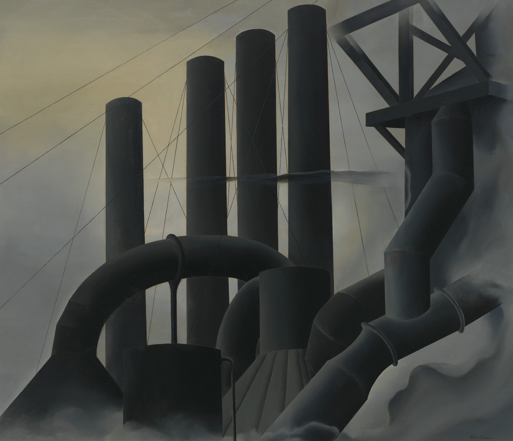 Dark smoke stacks towering against a gray sky