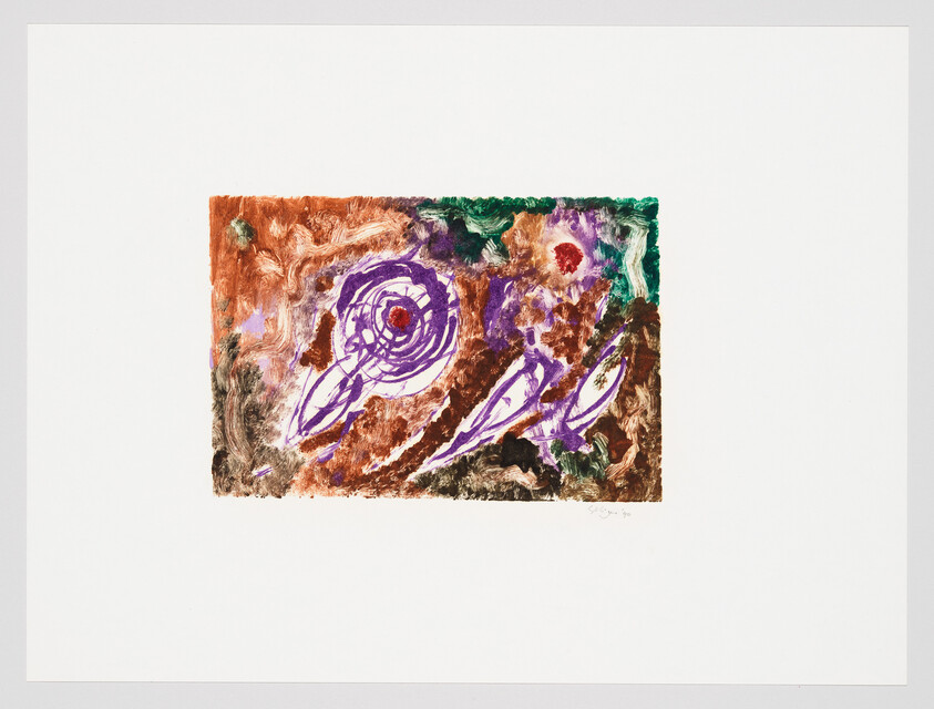 Abstract painting with purple spiral and three purple feather-like shapes on a brown textured background.