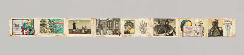 Long horizontal sequence of small vintage-style illustrated panels depicting various scenes and figures.