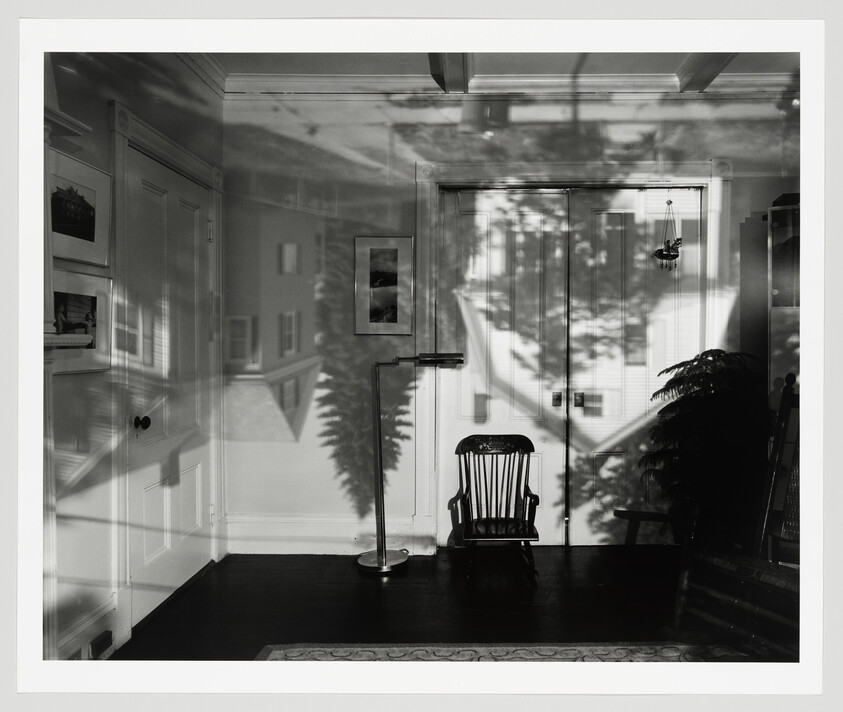A wooden rocking chair sits in a sunlit room with large tree shadows cast on the walls.