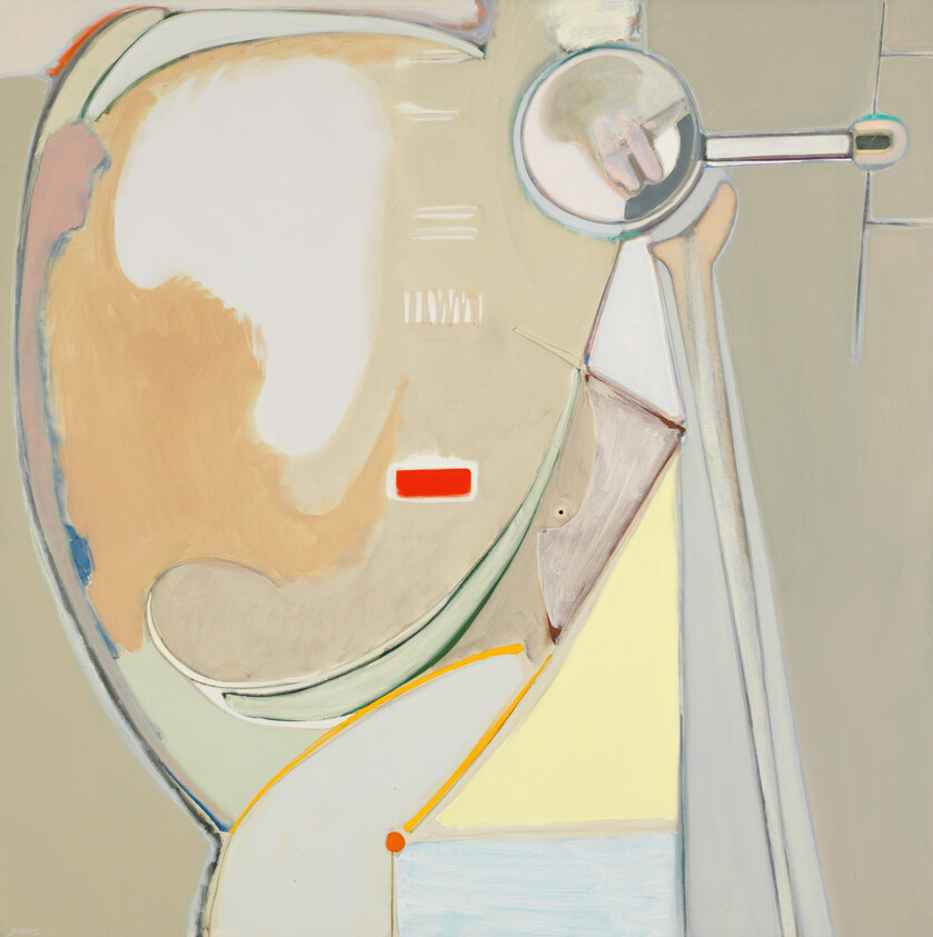 Abstract profile with a round mirror near the head and soft geometric color blocks.