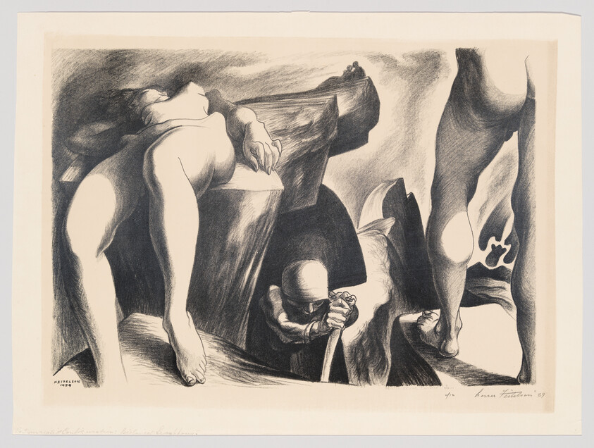 A hunched worker digs between large reclining legs and rocky forms, straining with a pick.