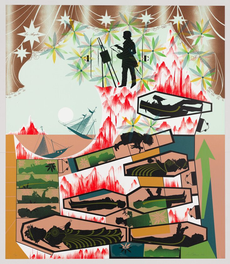 Silhouetted coffins stacked amid red flames with a painter silhouetted at an easel above.