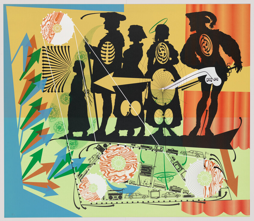 Silhouettes of five people standing in a stylized boat surrounded by colorful arrows and mechanical diagrams.