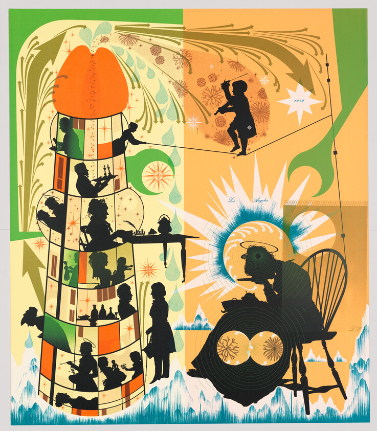 Silhouetted people fill a tall cylindrical tower while a child walks a tightrope above a seated figure.