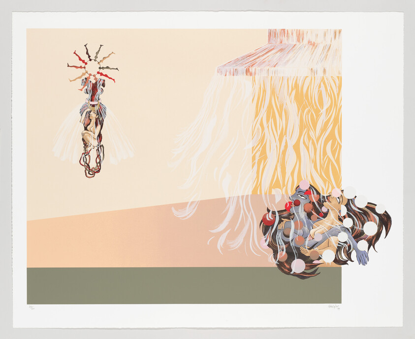 Two hanging abstract figures interact with cascading golden threads above a tangled cluster of bodies.