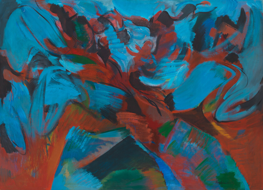 Large abstract painting with sweeping blue and red brushstrokes creating dynamic, layered shapes.