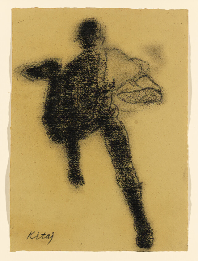 Silhouetted figure in motion stepping forward while carrying a basket-shaped object.