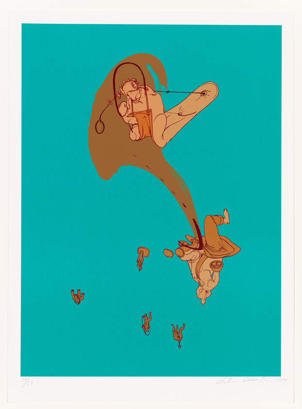 Two large connected figures suspended midair while several smaller figures fall against a turquoise background.