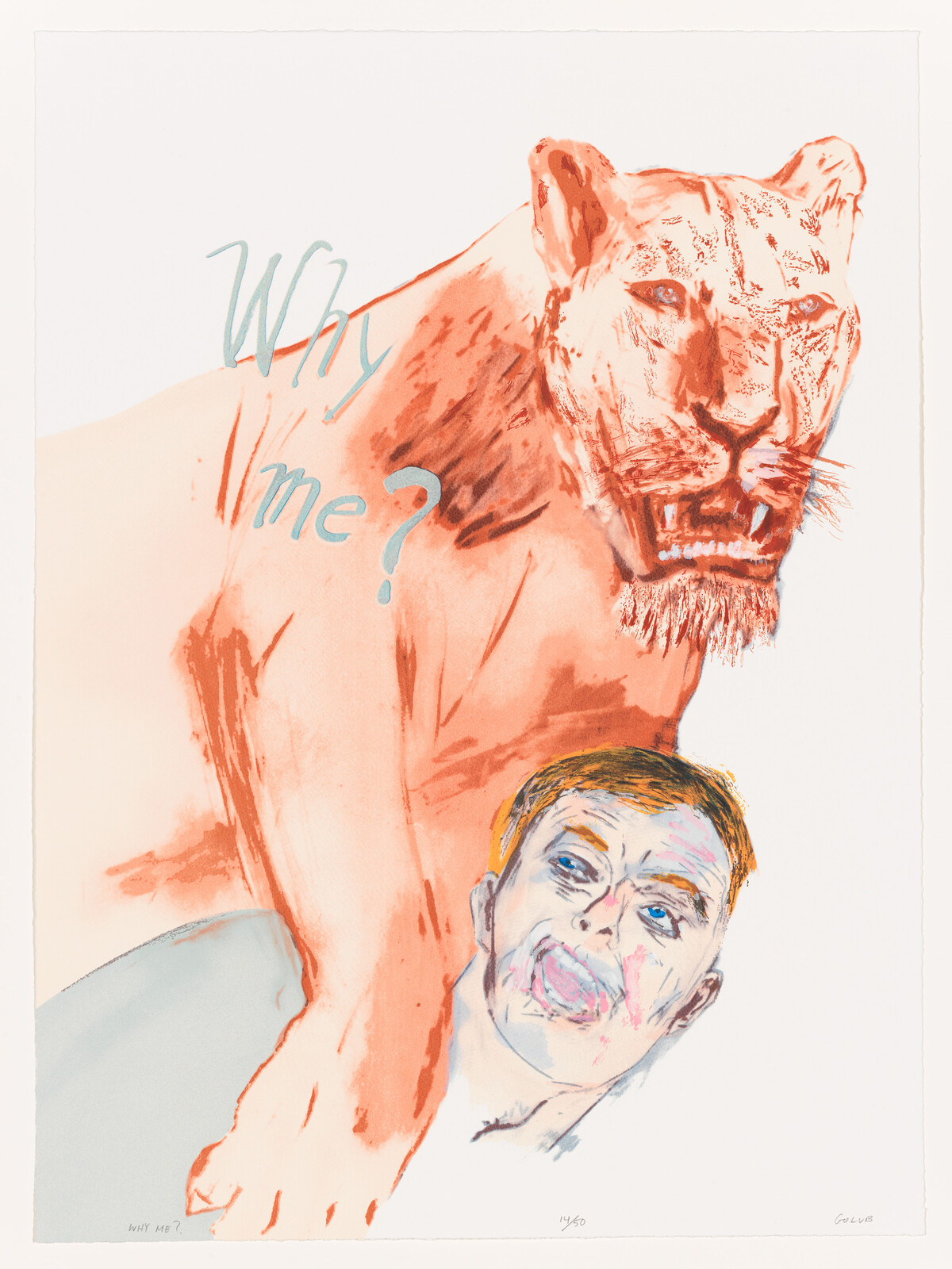 A large orange lion-like cat looms over a frightened person with the words "Why me?".
