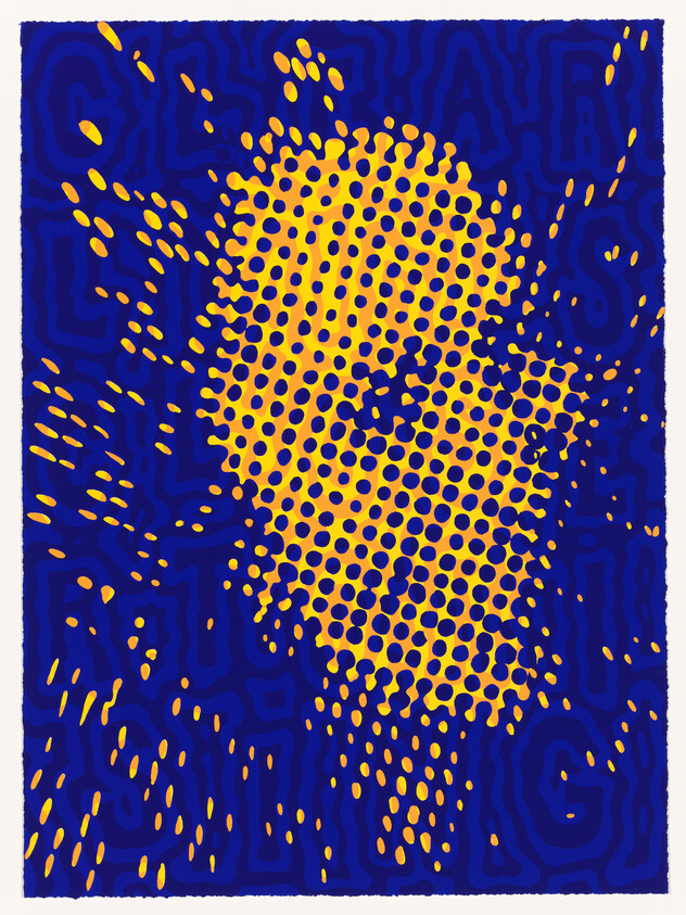 Yellow halftone dot pattern forming a stylized human face against a deep blue background.