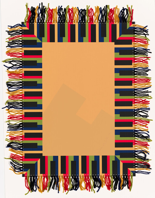 Rectangular woven rug with a plain tan center and colorful striped fringe border.