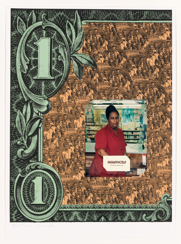 Woman in red uniform standing behind a store counter framed by a decorative banknote collage.