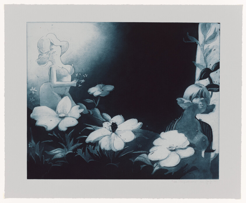 Two stylized women stand among oversized flowers in a dark, dreamlike garden scene.