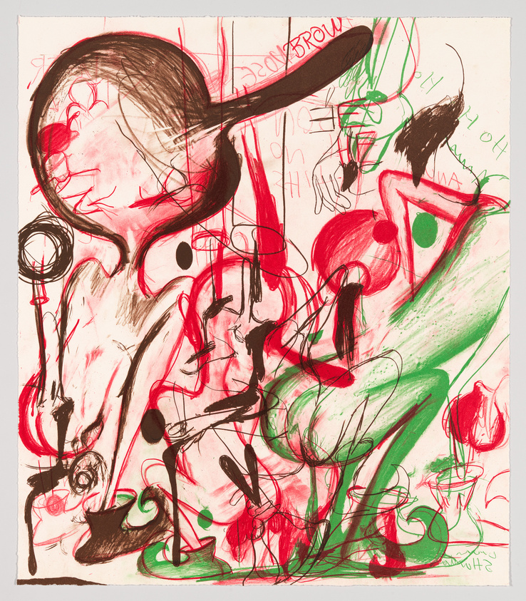 A vibrant and abstract artwork featuring a chaotic blend of red and green scribbles, lines, and shapes on a white background. Central to the composition is a stylized, cartoon-like figure with exaggerated features, surrounded by various forms that suggest movement and energy. Text and additional marks are interspersed throughout, contributing to the overall sense of dynamism and disorder.