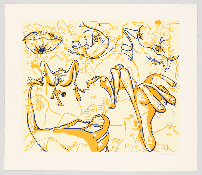 This image features an abstract artwork with a yellow background and a series of intertwined blue and orange lines and shapes. The lines form various fragmented and surreal figures, some resembling human and animal body parts, eyes, and faces, in a dreamlike composition. The artwork has a playful yet chaotic feel, with elements that appear both organic and whimsical. The artist's signature and the edition number are visible at the bottom of the print.