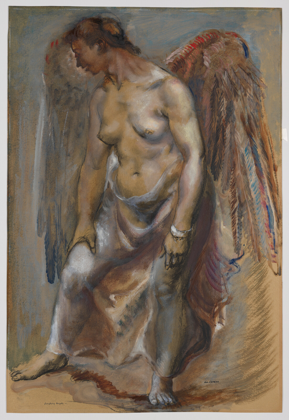 A standing winged figure draped in cloth looks downward with one foot forward.