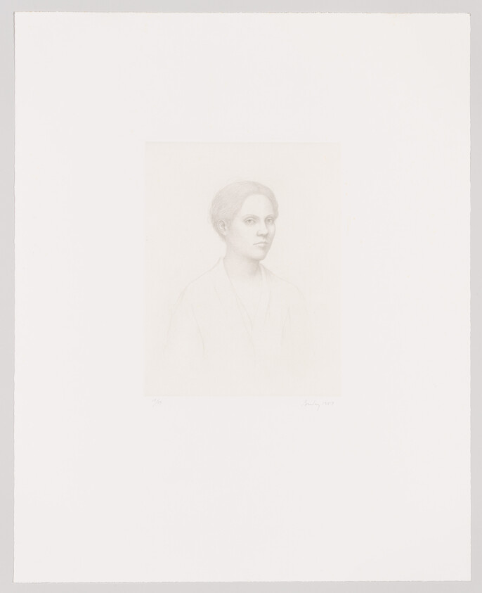 Faint pencil portrait of a young woman with short hair looking slightly to the right.