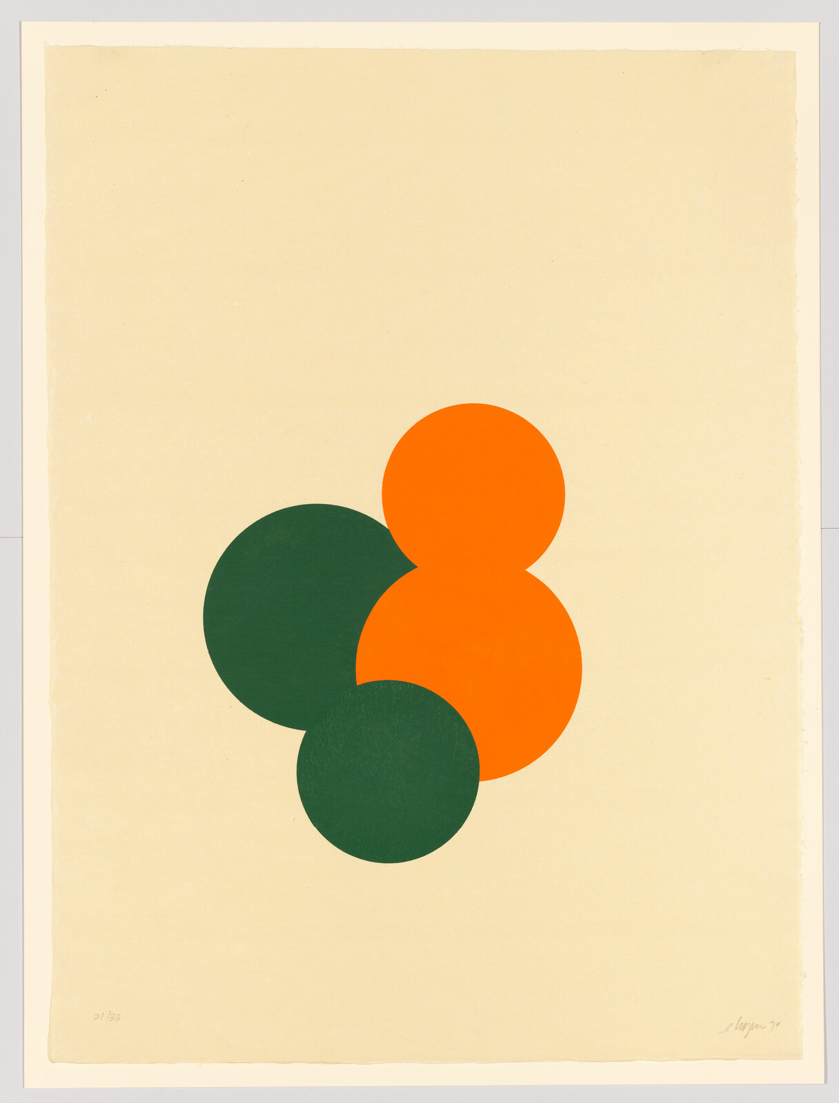 Two orange circles and two dark green circles overlap at the center of a cream background.