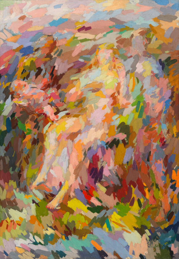 A colorful abstract painting showing a reclining nude figure formed by vibrant brushstrokes.