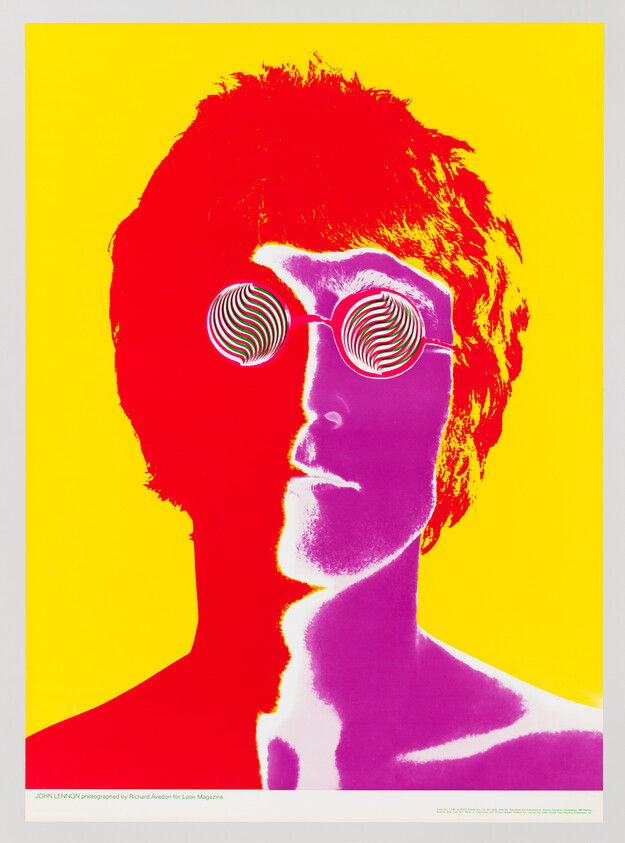 A vibrant pop art portrait featuring a high-contrast silhouette of a man with psychedelic spiral patterns in place of his eyes. The background is split diagonally between yellow and red, while the silhouette is rendered in a bright pink hue. The image has a caption at the bottom indicating the subject and the photographer for Look Magazine.