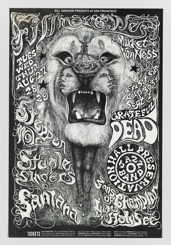 Vintage concert poster featuring an intricate black and white design with a roaring lion's head at the center, surrounded by swirling, ornate lettering announcing a series of performances by the Grateful Dead at the Avalon Ballroom in San Francisco, with dates and ticket information included at the bottom.