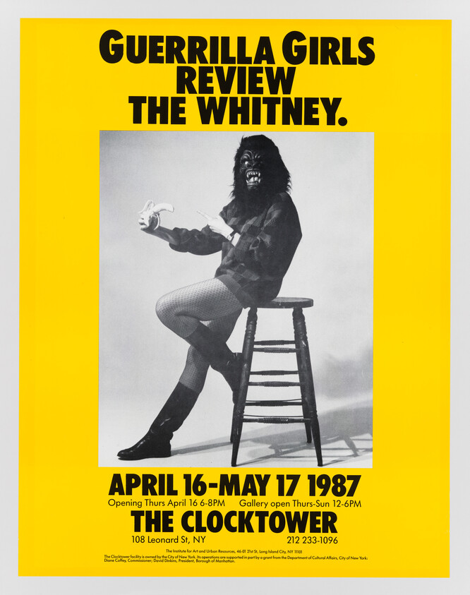 A poster with a bold yellow left border and white background featuring the text "GUERRILLA GIRLS REVIEW THE WHITNEY." Below the text is a black-and-white photograph of a person wearing a gorilla mask, a checkered shirt, and a skirt, sitting on a high stool with one leg crossed over the other. The person is holding a banana in one hand as if it were a phone. Additional information about the event, including dates, times, and location, is provided at the bottom of the poster.
