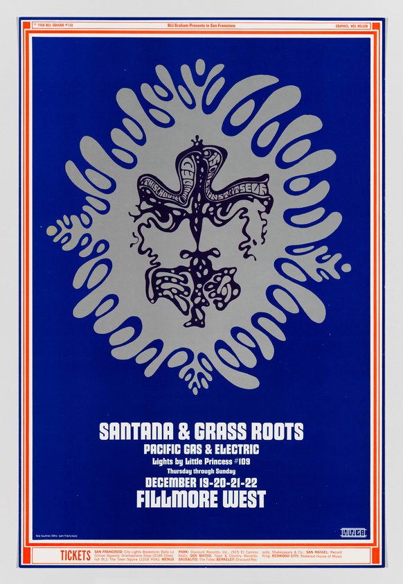 Vintage concert poster featuring a central psychedelic design with a lizard-like creature surrounded by abstract shapes on a blue background. The text announces a music event with Santana & Grass Roots, Pacific Gas & Electric at Fillmore West, December 19-22, with ticket information at the bottom. The poster includes red and orange border detailing and the date "1968" at the top left corner, indicating the year of the event.