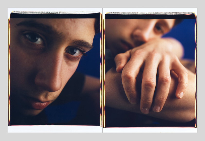 Two portraits of a young person arranged as a diptych: one a close-up of their face; and the other a close-up of their left hand draped across their right arm, with the subjects's face slightly out of focus