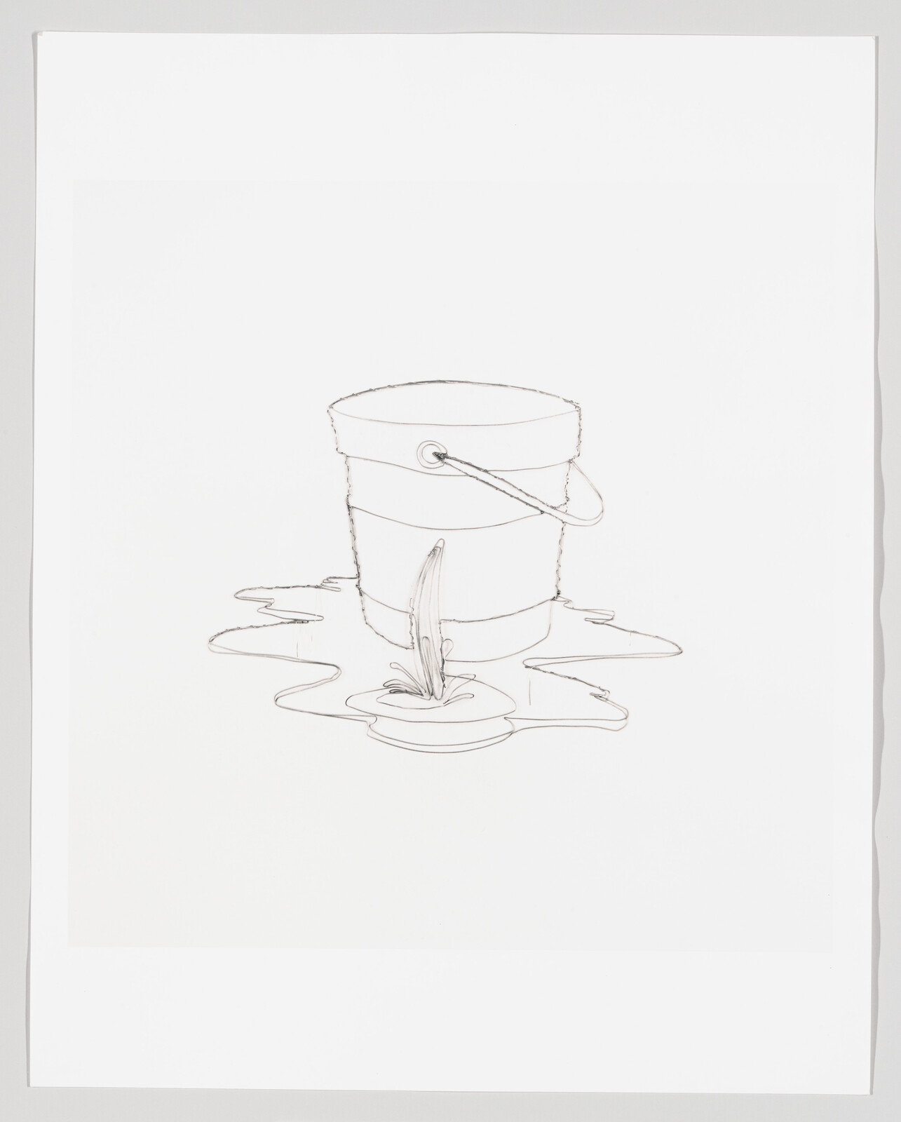 A simple line drawing of a bucket with water spilling and a splash forming on the floor.