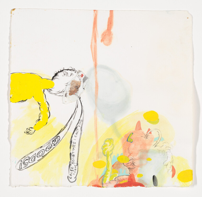 A yellow figure reaches toward a floating head with long ribbons and colorful abstract shapes.